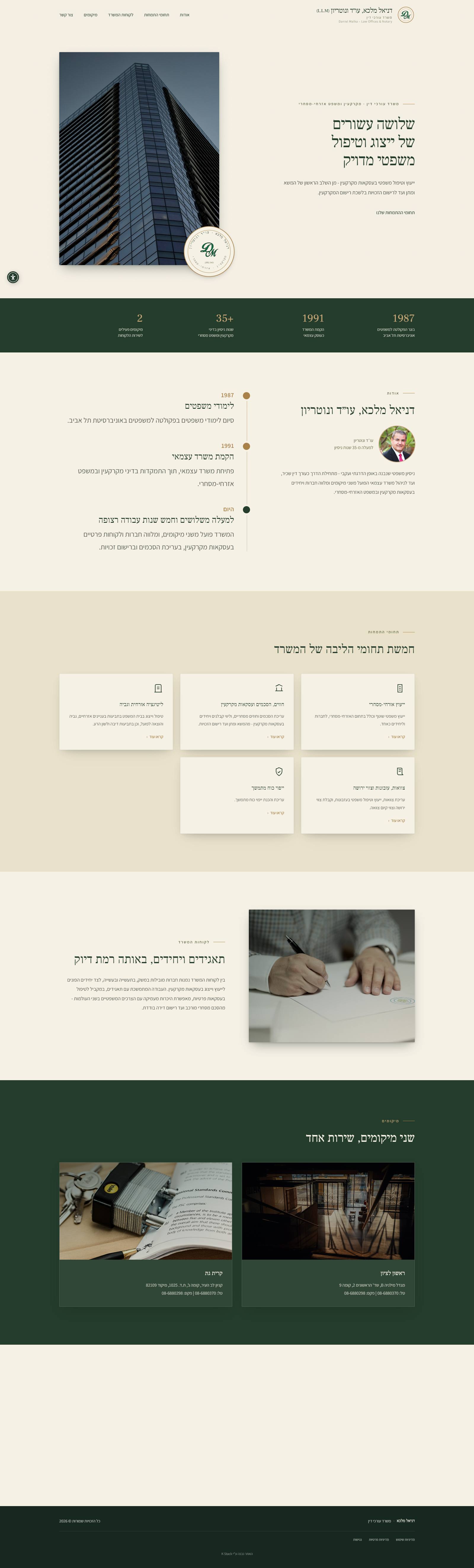 עמוד הבית המלא של אתר משרד עו״ד דניאל מלכא, מהכותרת הראשית ועד לפוטר
